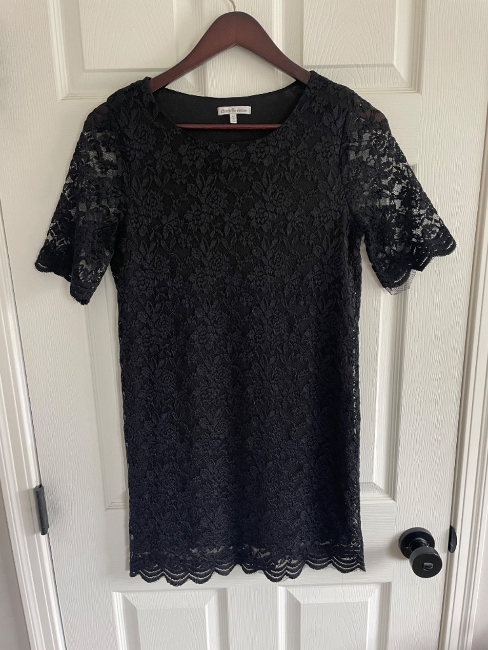 Black Lace Sheath Dress Scalloped Hem Cocktail Wedding Guest